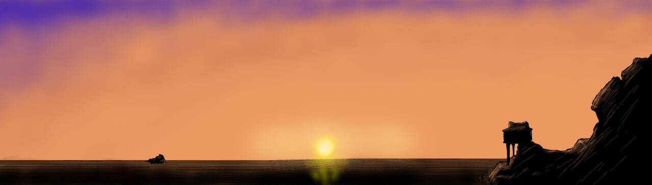 Une illustration d'un océan, avec une île et une hutte en premier plan, une seconde île au loin et une terre loin à l'horizon, le tout de droite à gauche, éclairé par le soleil se couchant à l'horizon, dépassant à peine de l'eau