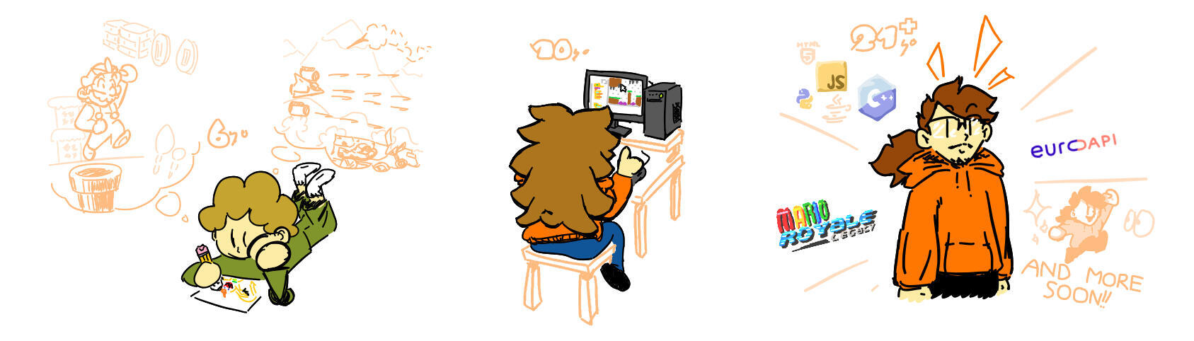 Des dessins représentant Pyriel au cours des années. Depuis le jour où il avait découvert les jeux vidéos, il rêvait de créer les siens. Depuis, il a grandement progressé et concrétise ses ambitions de plus en plus !