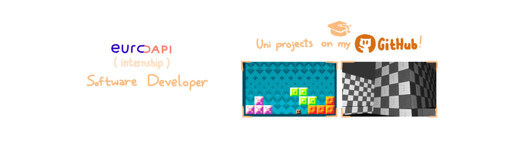 De simples dessins et captures d'écran représentant la contribution de Pyriel au sein d'EuroAPI, ainsi que quelques projets sur lesquels il a travaillé dans le cadre de l'université, disponibles sur GitHub.