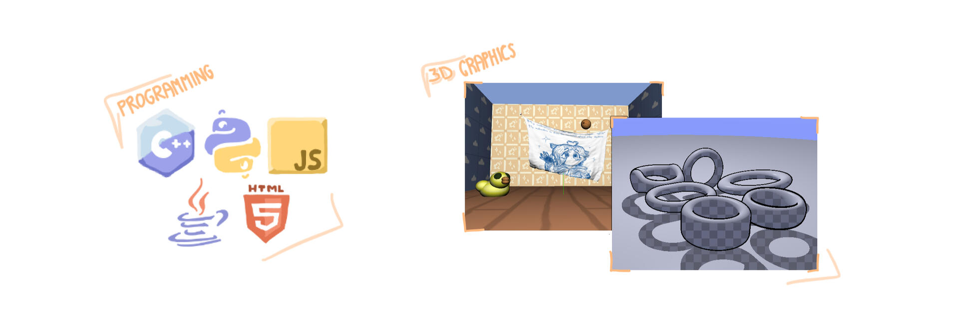 Talents de Pyriel De simples dessins représentant différents langages de programmation maîtrises, ainsi que quelques captures d'écrans de projets informatiques en rendu 3D.